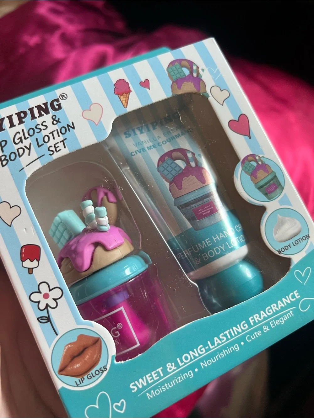 Cupcake Themed Pink Lip Gloss & Body Lotion Set